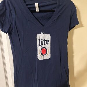 Navy Blue V-Neck T-Shirt with miller light Can Graphic